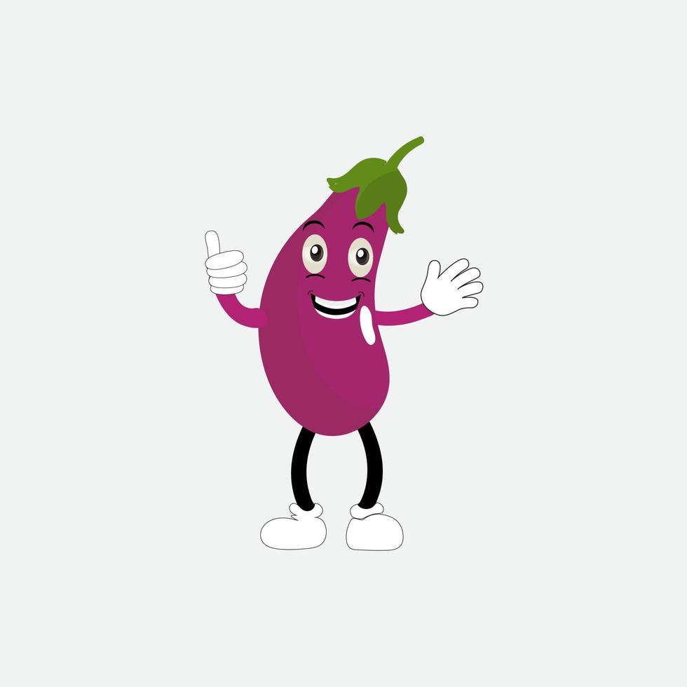 Cute eggplant character vector illustration. Flat eggplant cartoon character waving. Minimal purple eggplant fruit design for children books. Eggplant cartoon character