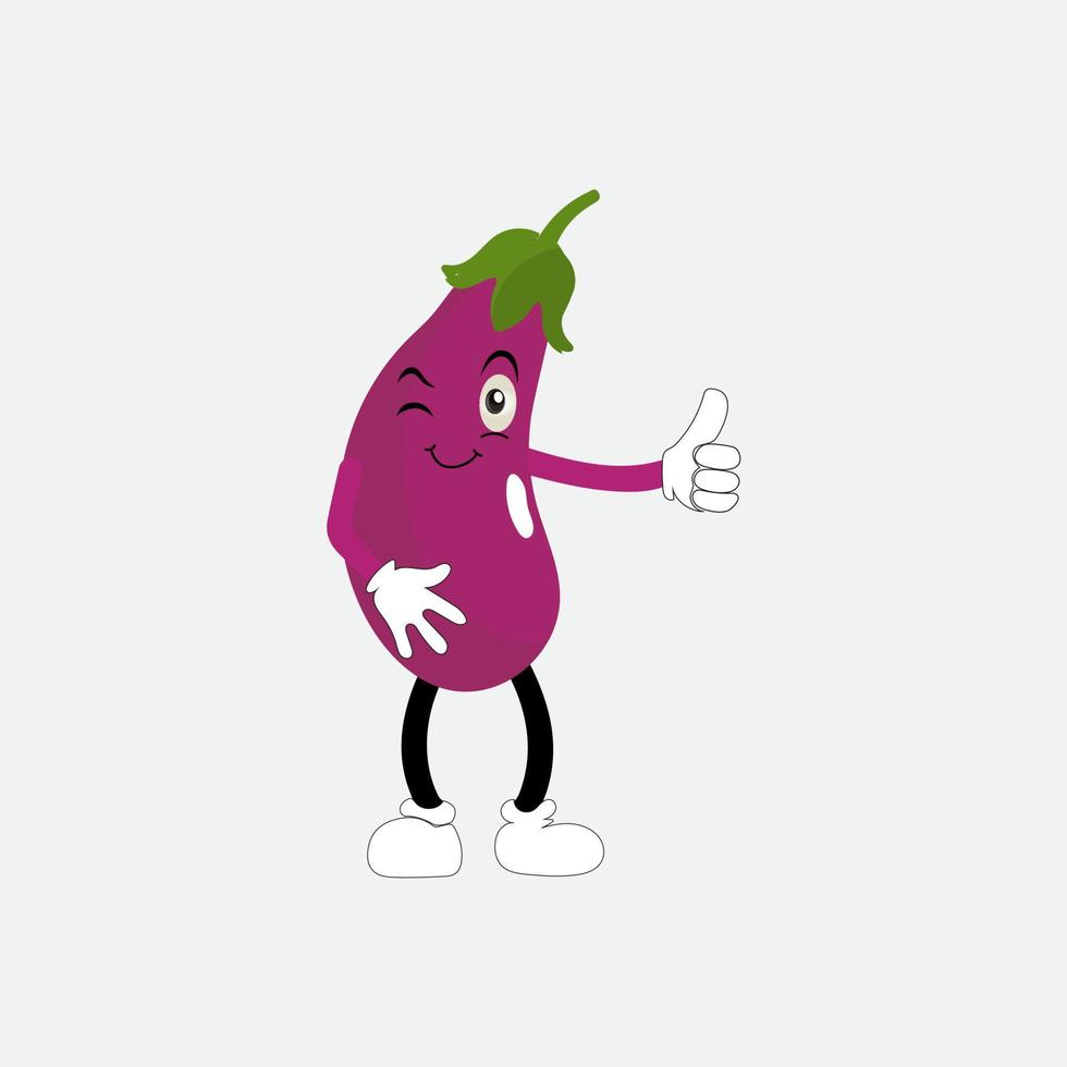 Cute eggplant character vector illustration. Flat eggplant cartoon character waving. Minimal purple eggplant fruit design for children books. Eggplant cartoon character