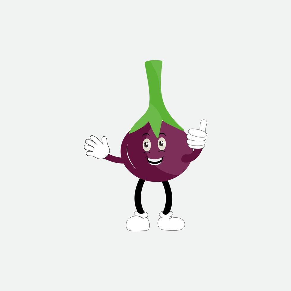 Cute eggplant character vector illustration. Flat eggplant cartoon character waving. Minimal purple eggplant fruit design for children books. Eggplant cartoon character