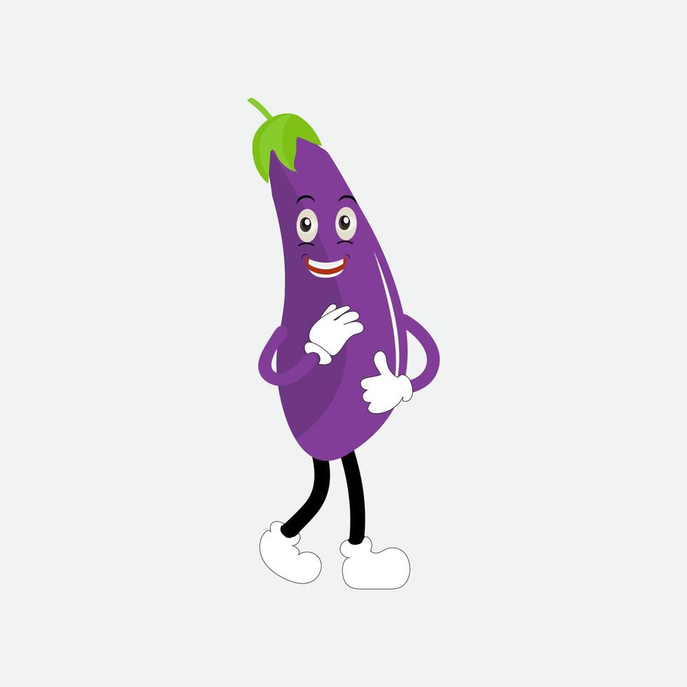 Cute eggplant character vector illustration. Flat eggplant cartoon character waving. Minimal purple eggplant fruit design for children books. Eggplant cartoon character