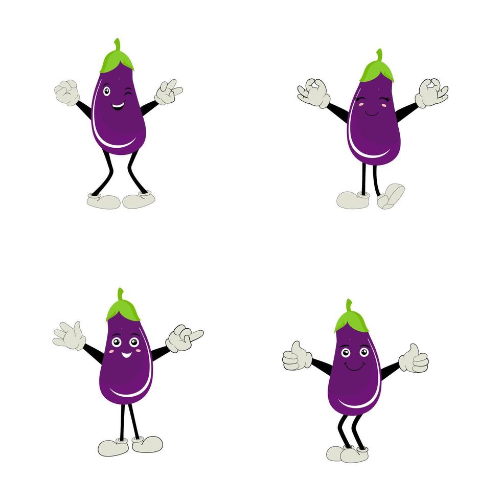 Cute eggplant character vector illustration. Flat eggplant cartoon character waving. Minimal purple eggplant fruit design for children books. Eggplant cartoon character.