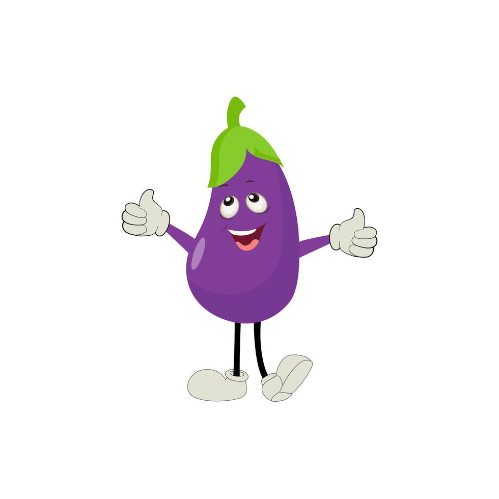 Cute eggplant character vector illustration. Flat eggplant cartoon character waving. Minimal purple eggplant fruit design for children books. Eggplant cartoon character.