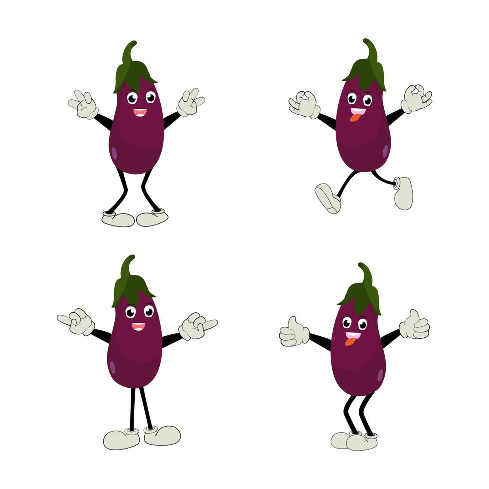 Cute eggplant character vector illustration. Flat eggplant cartoon character waving. Minimal purple eggplant fruit design for children books. Eggplant cartoon character.