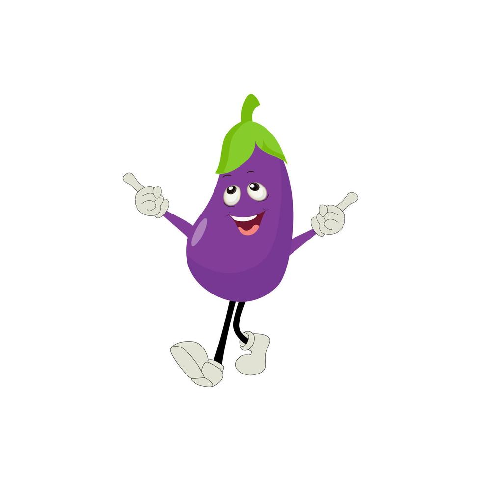 Cute eggplant character vector illustration. Flat eggplant cartoon character waving. Minimal purple eggplant fruit design for children books. Eggplant cartoon character.