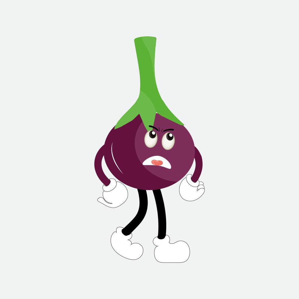 Cute eggplant character vector illustration. Flat eggplant cartoon character waving. Minimal purple eggplant fruit design for children books. Eggplant cartoon character
