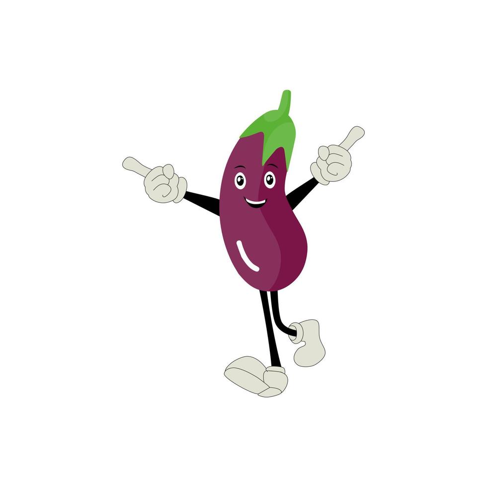 Cute eggplant character vector illustration. Flat eggplant cartoon character waving. Minimal purple eggplant fruit design for children books. Eggplant cartoon character