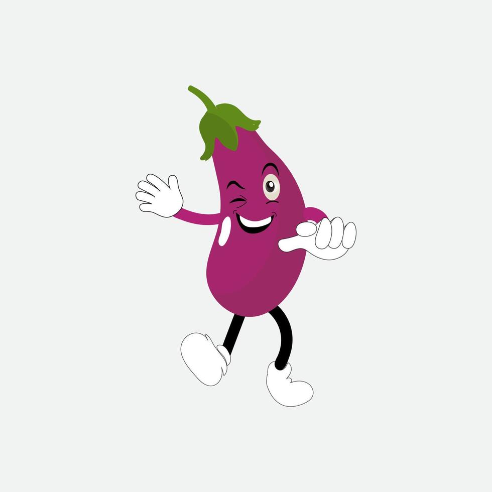 Cute eggplant character vector illustration. Flat eggplant cartoon character waving. Minimal purple eggplant fruit design for children books. Eggplant cartoon character