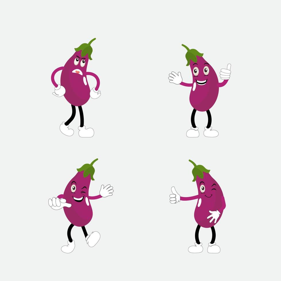 Cute eggplant character vector illustration. Flat eggplant cartoon character waving. Minimal purple eggplant fruit design for children books. Eggplant cartoon character