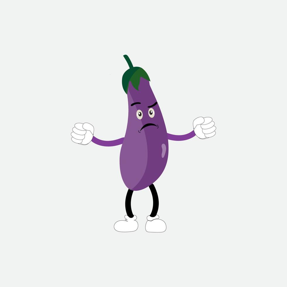 Cute eggplant character vector illustration. Flat eggplant cartoon character waving. Minimal purple eggplant fruit design for children books. Eggplant cartoon character