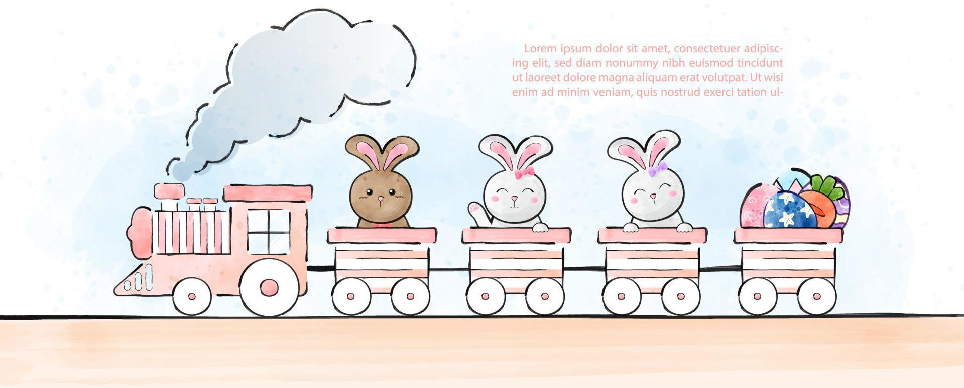Retro toy train delivery with cute bunny and Easter eggs in watercolors style and example texts on light blue background. Greeting card and poster of Easter day in banner and vector design.