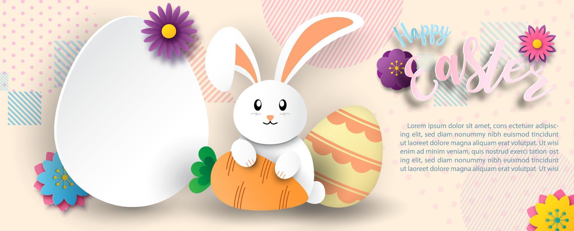 White and cute bunny holding a carrot with white banner in an egg shape on flowers and abstract pattern background. Easter day greeting card in paper cut style and vector design.