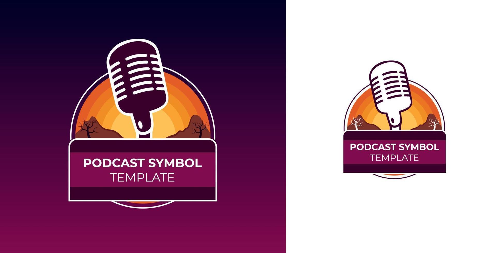 Podcast logo template with microphone and desert sunset in warm colors vector