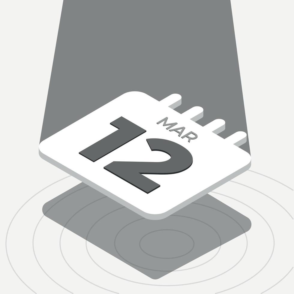 March 12 - Black and white 3D calendar floating with spotlight on white background vector