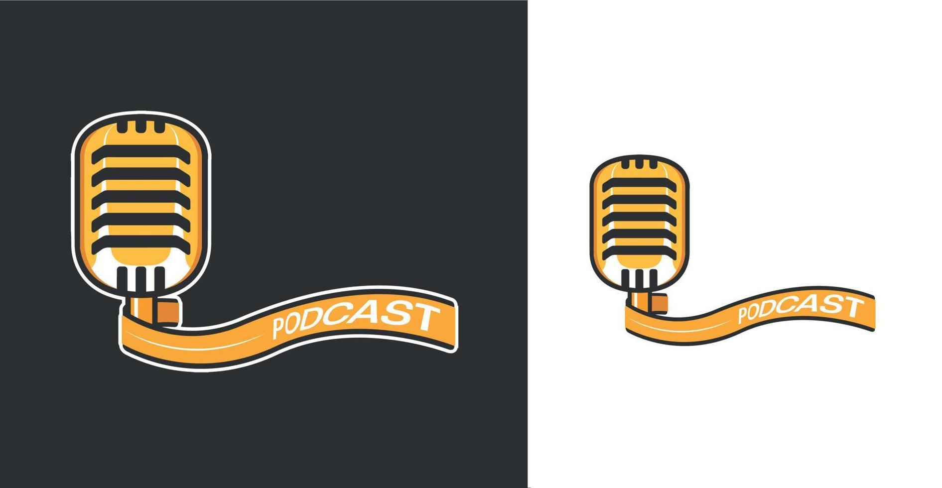 Podcast logo template with microphone and banner in yellow color vector