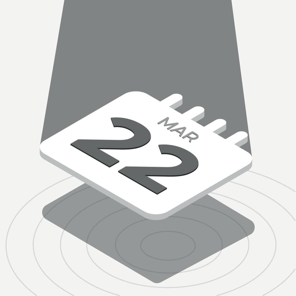 March 22 - Black and white 3D calendar floating with spotlight on white background vector