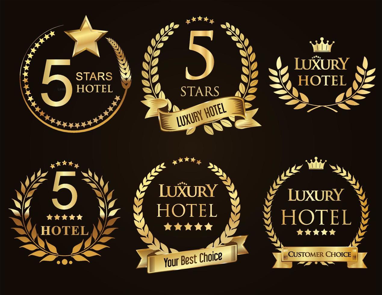 Golden laurel wreath set five stars hotel badges collection vector