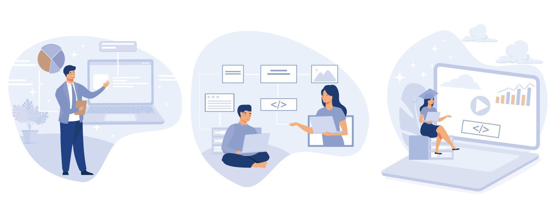 IT education concept, Information technology courses, web development tutorials, online IT training, frontend and backend certification, set flat vector modern illustration