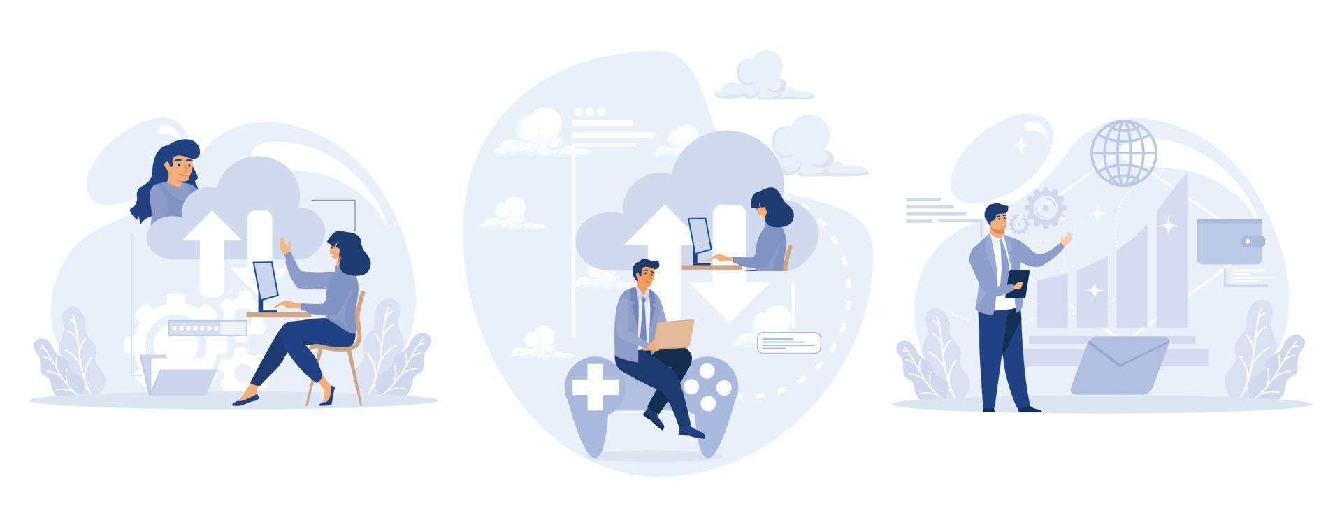 Cloud service concept, Cloud collaboration, online gaming platform, system management, data storage, video and file streaming, set flat vector modern illustration