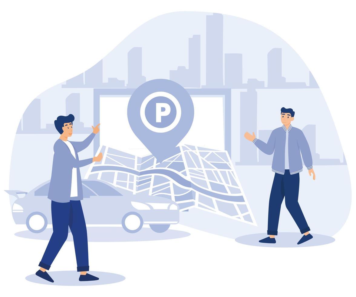 Car in Parking area concept. Tiny people looking for parking space, park automobile. flat vector modern illustration