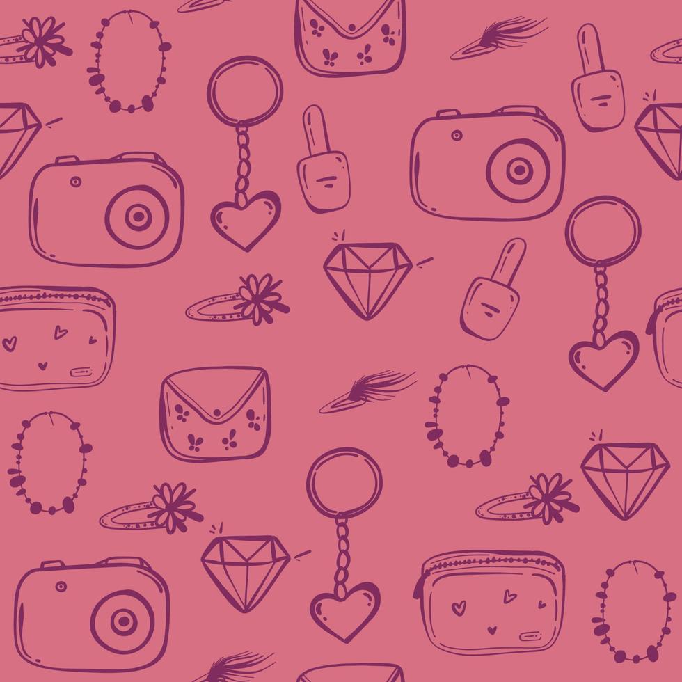hand drawn seamless graphic pink pattern of girl stuff woman things fashion vector object. Lady accessories background