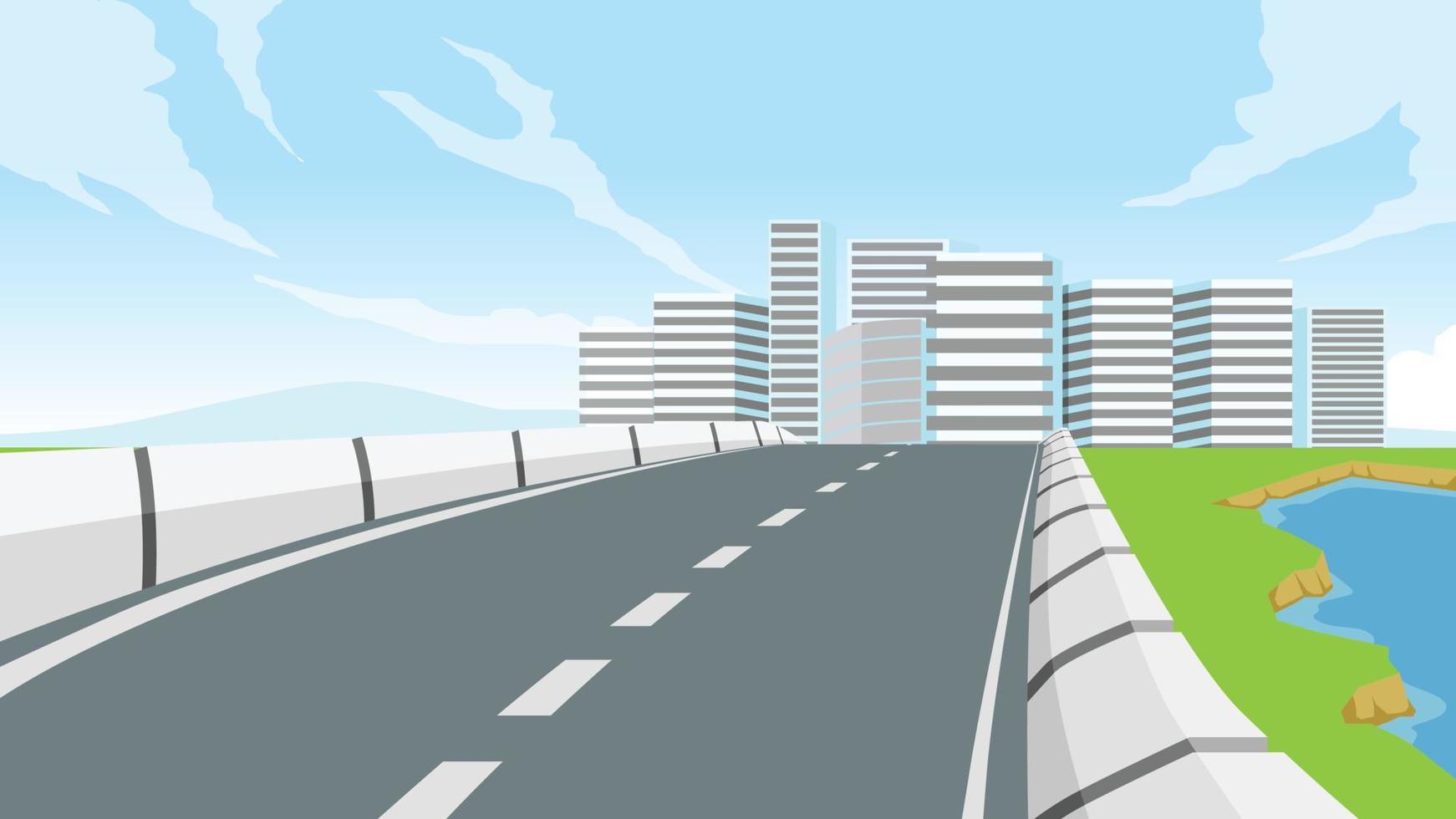 Vector cartoon landscape of asphalt road and road edge barrier. Path is straight ahead. Beside with meadow and river. Background has a large building under blue sky with free space.