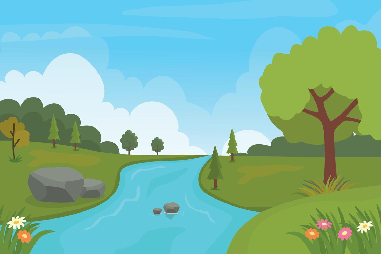 Countryside nature landscape cartoon background with river, stone, green grass, tree, hill, road and flowers vector