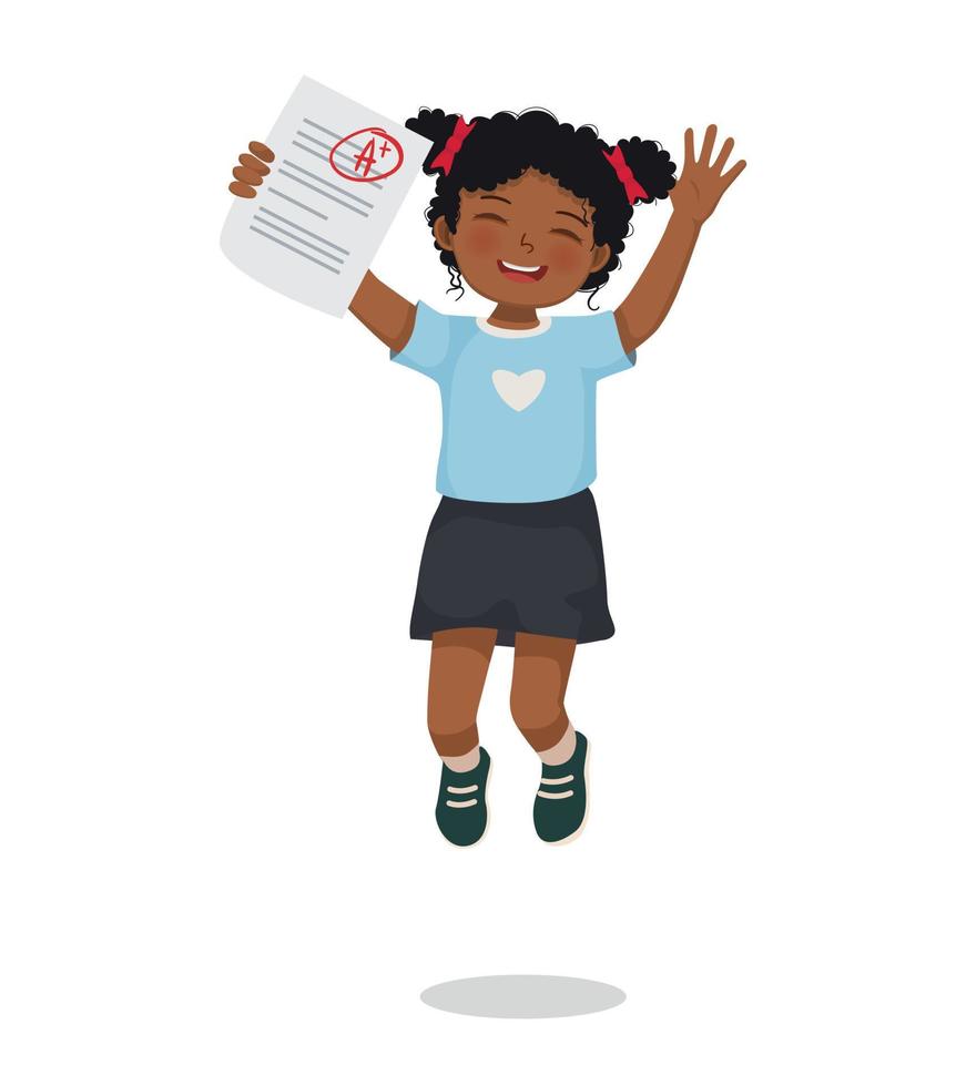 cute little African schoolgirl holding exam paper with good mark A plus grade in test result jumping feeling happy vector