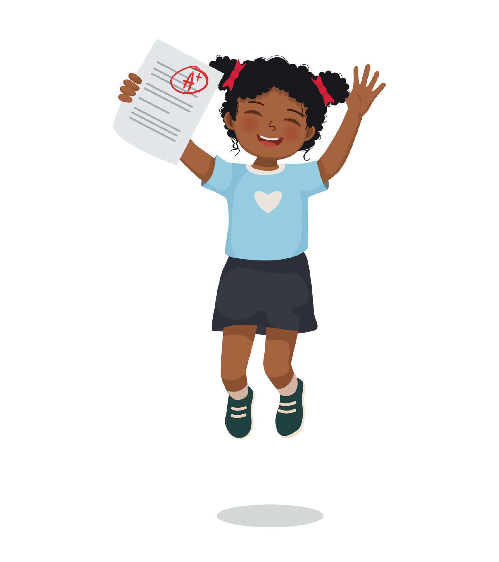 cute little African schoolgirl holding exam paper with good mark A plus  grade in test result jumping feeling happy 21686872 Vector Art at Vecteezy