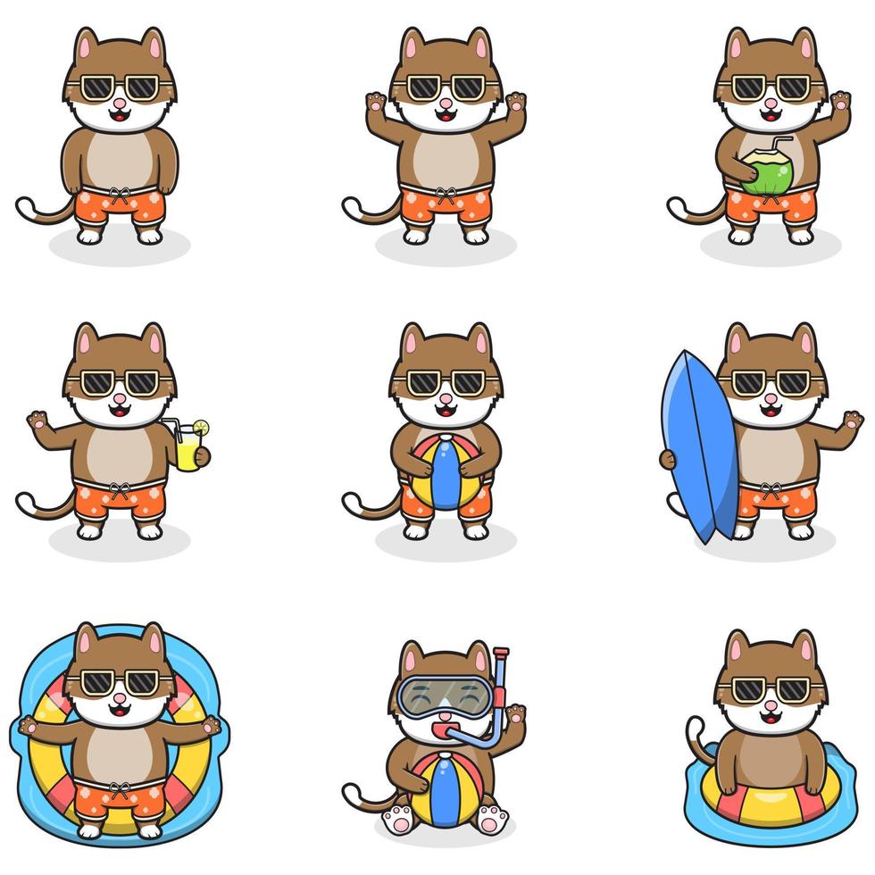 Summer cute Cat vector illustration. Flat Cat Summer Cartoon. Graphic cartoon character for banner, sticker advertising travel in summer theme illustration. Summer holiday concept design.