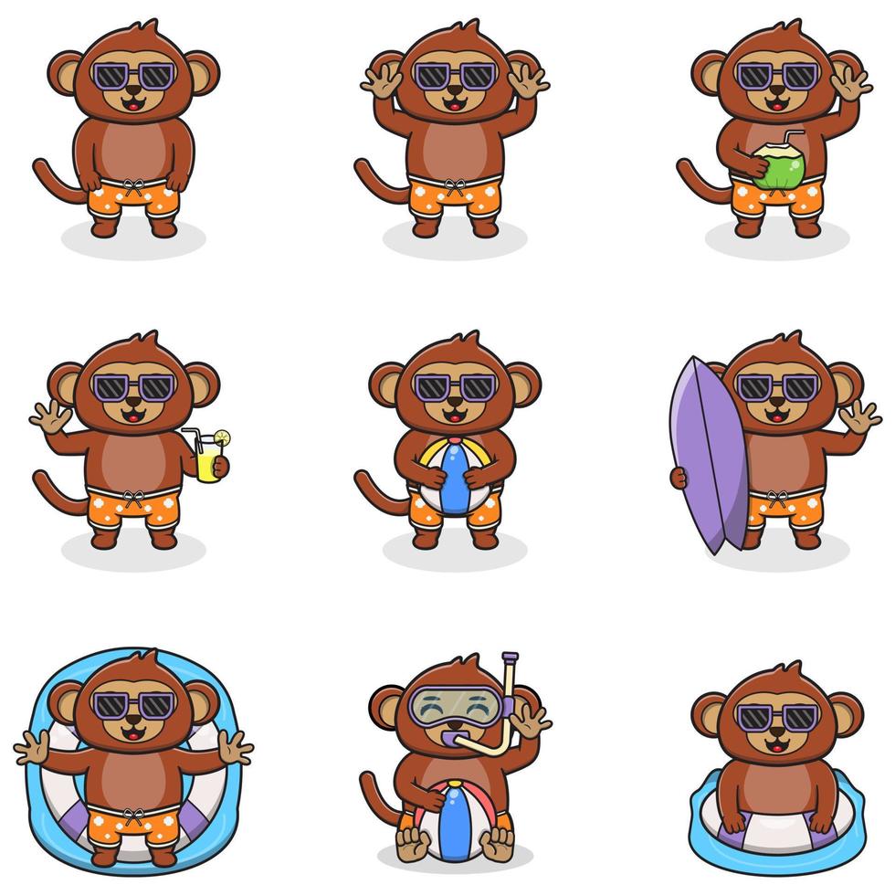 Summer cute Monkey vector illustration. Flat Monkey Summer Cartoon. Graphic cartoon character for banner, sticker advertising travel in summer theme illustration. Summer holiday concept design.