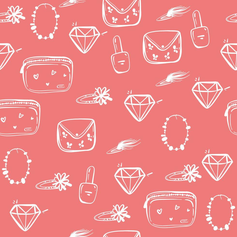 hand drawn seamless graphic pink pattern of girl stuff woman things fashion vector object. Lady accessories background.