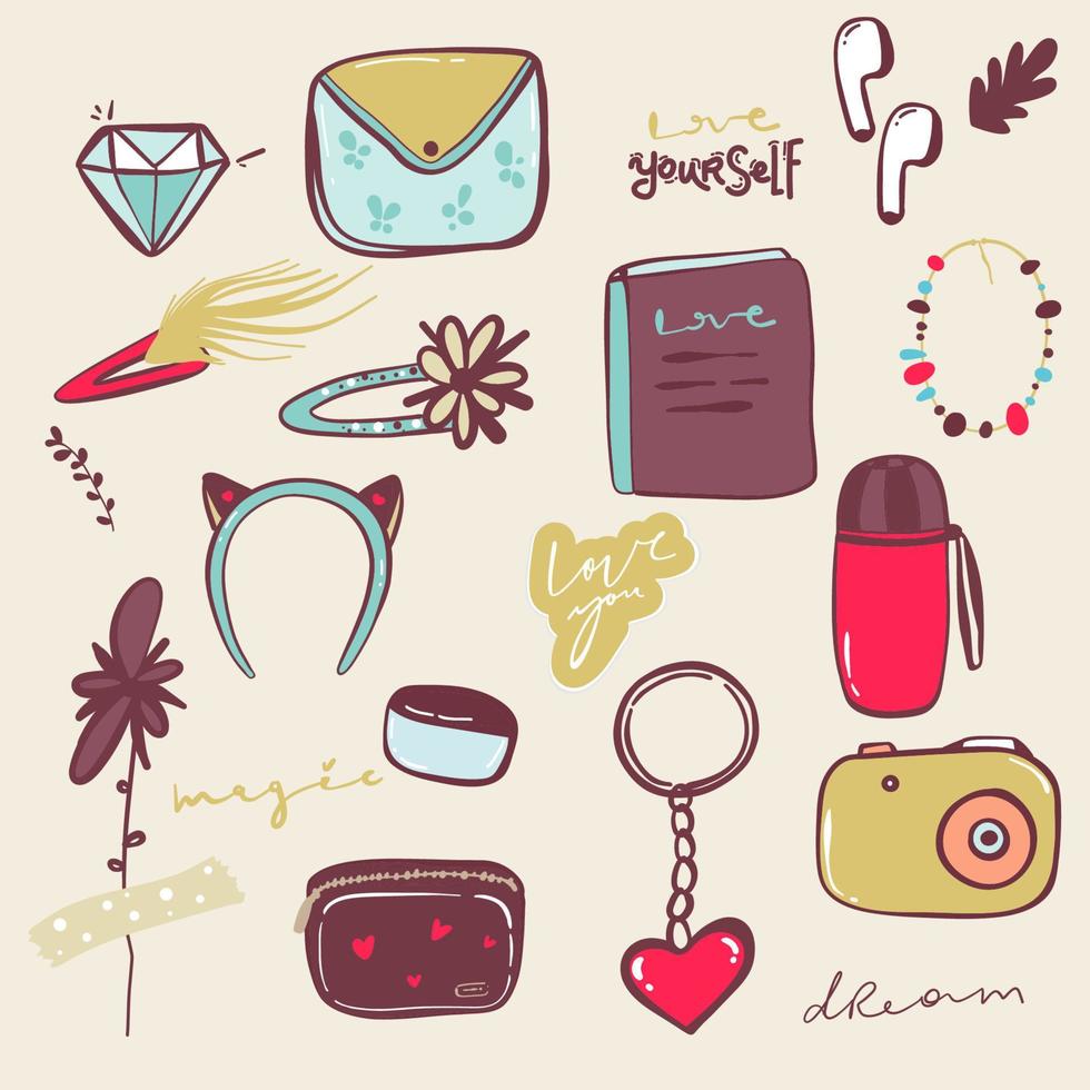 Cute girl s elements background. Wallet water bottle Diamond, hair, flower, varnish, clip, cosmetic, bag, headphones Diamond. vector