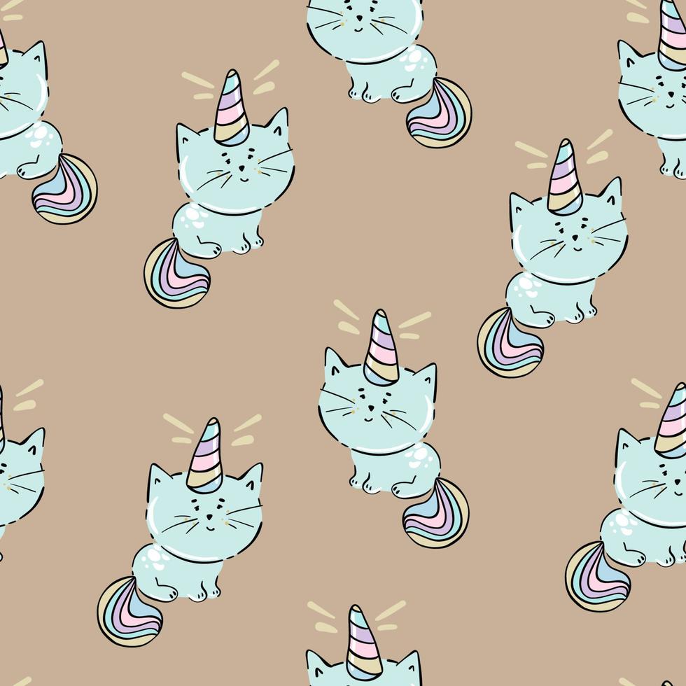 Cute Cat Caticorn or Kitten Unicorn vector seamless pattern. Kawaii Cat Unicorn with lollipop. Isolated vector illustration for kids design prints, posters, t-shirts, stickers