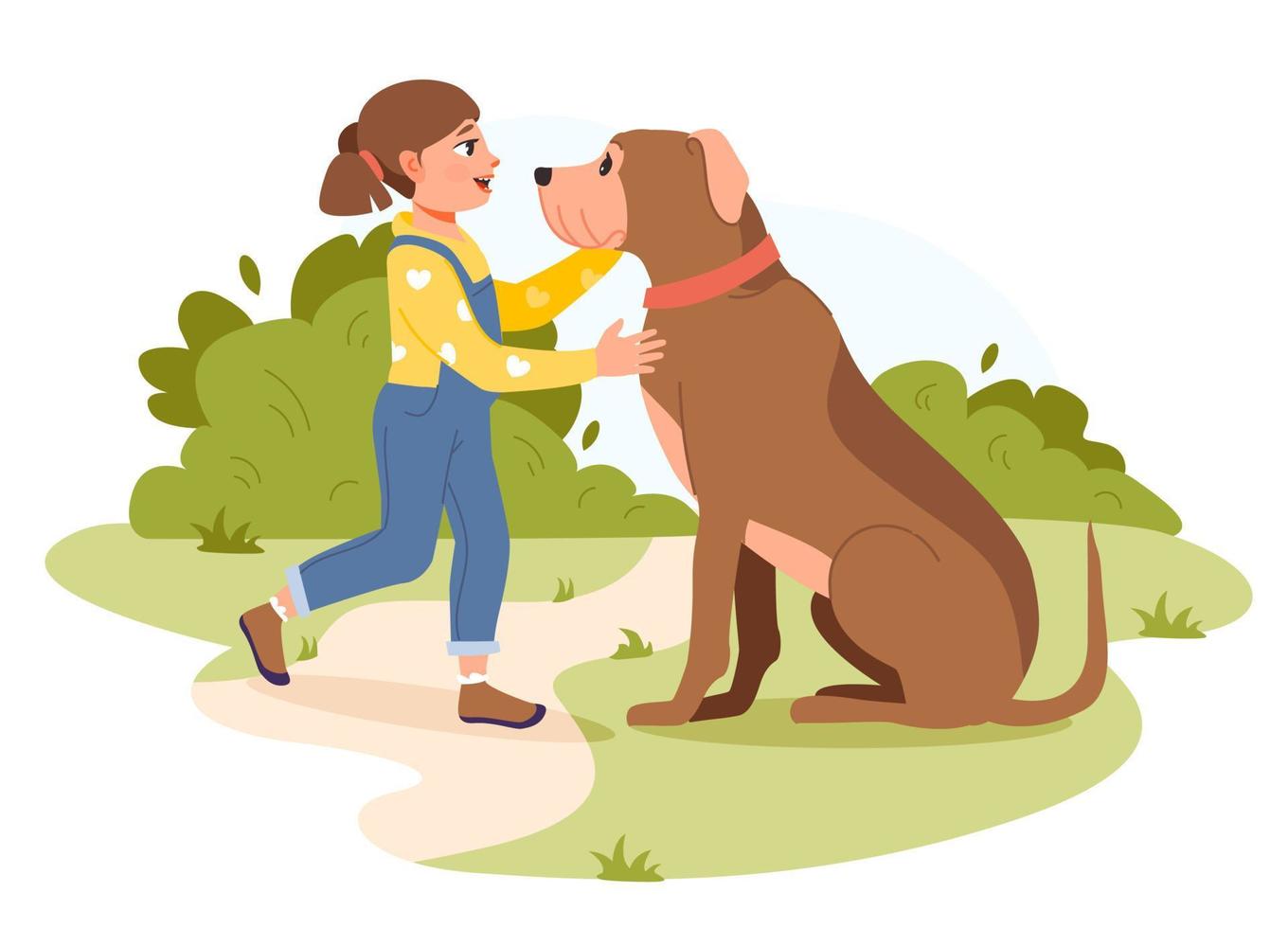 A little girl is playing with a dog in the park. Pet owner. Flat vector illustration.