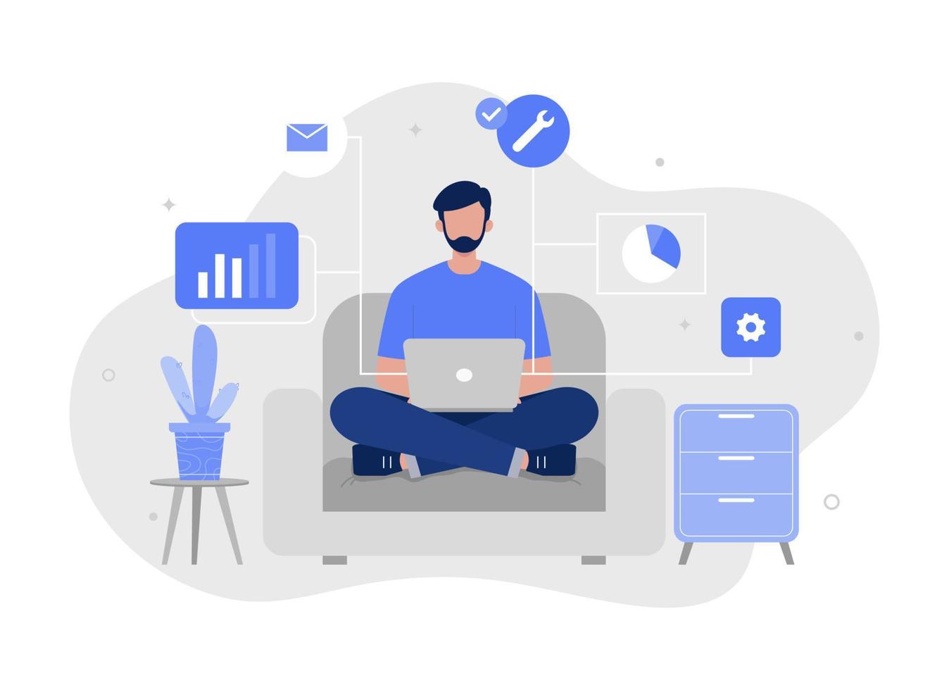 A man sitting on sofa and working from home illustration. cartoon businessman chatting with colleagues online via laptop computer. Modern vector flat illustration.