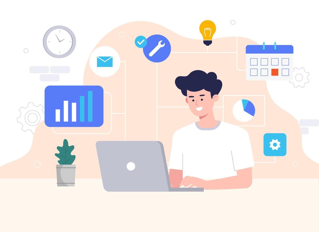 Illustration concept with multitasking. Multitasking, time management and productivity concept. Modern vector flat illustration.