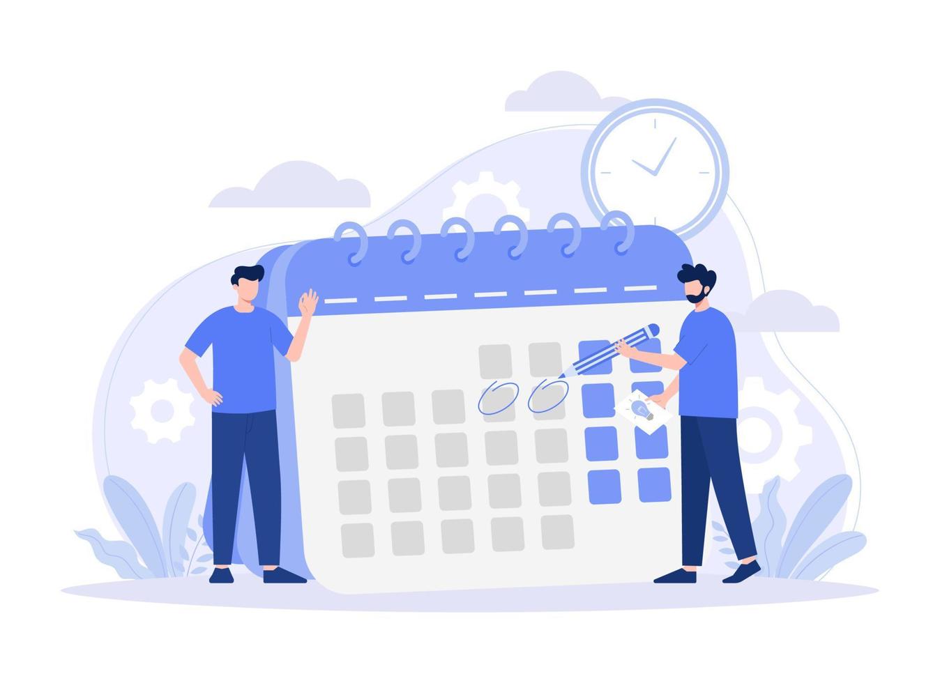 un hombre calificación fecha límite día. empleado con lápiz nombramiento fecha de evento en calendario, cronograma, agenda, hora gestión. moderno vector plano ilustración