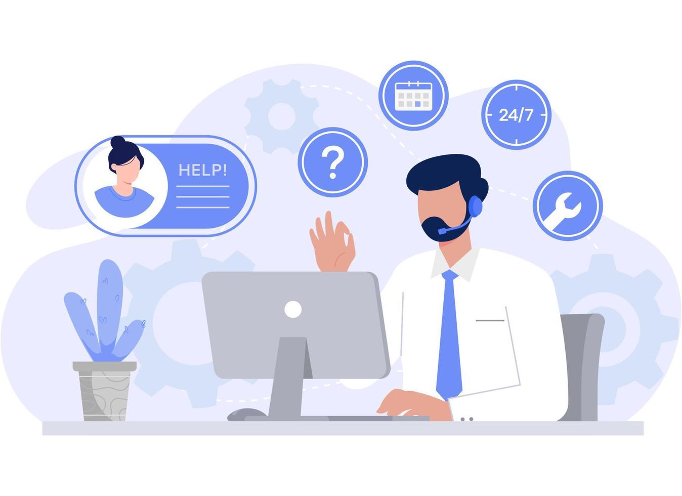 Customer service, hotline operators consult customers with headsets on computers, 24 hours global online technical support, Call center. Modern vector flat illustration