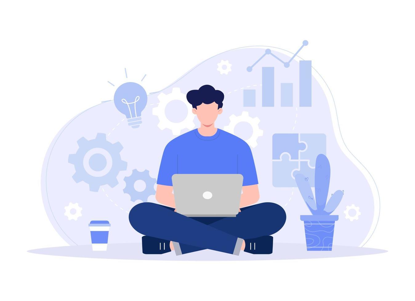 Freelancer man with computer at home. sitting young man and using laptop. distance work, online learning. Modern vector flat illustration