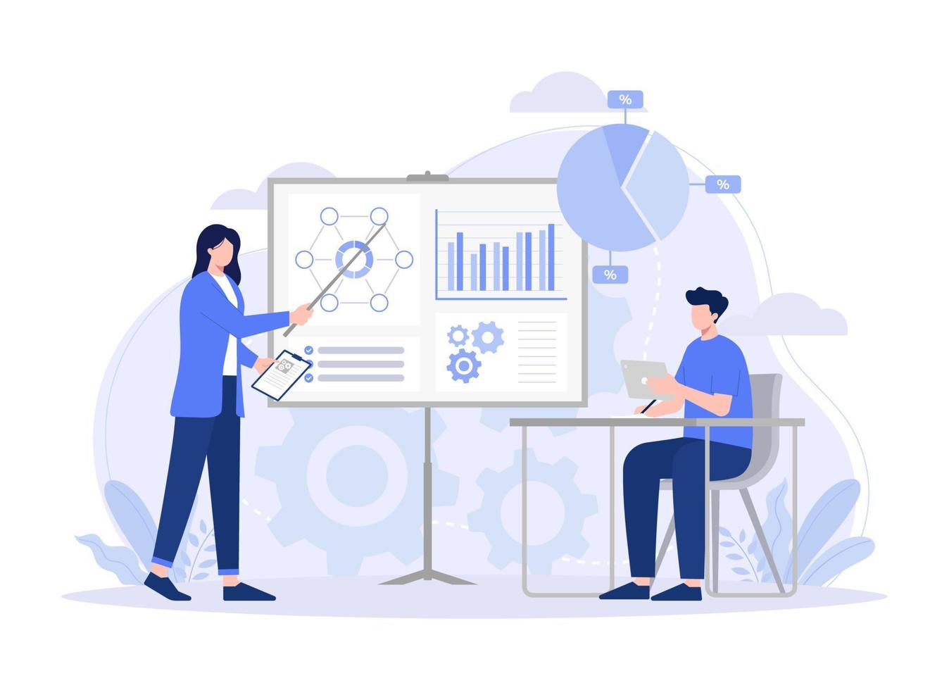 Woman coach explaining statistics to employee, graph, marketing. Modern vector flat illustration.