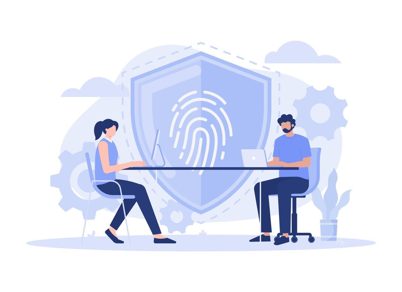 Two people working on innovations for fingerprint security, concept of data protection vector