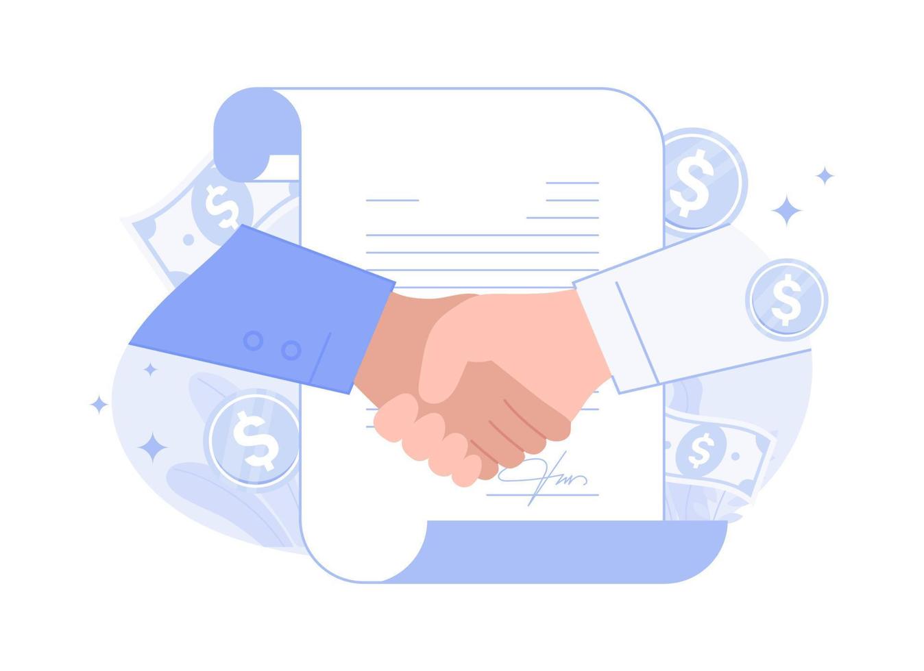 Handshake, contract signature, successful partnership, cooperation. Modern vector flat illustration