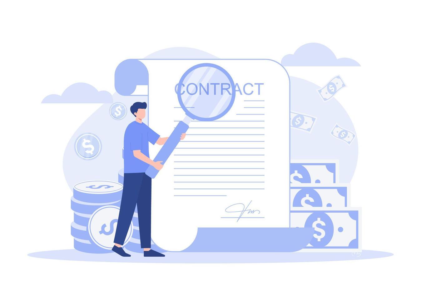 Contract conclusion, view contract details with magnifying glass, cooperation. Modern flat illustration vector