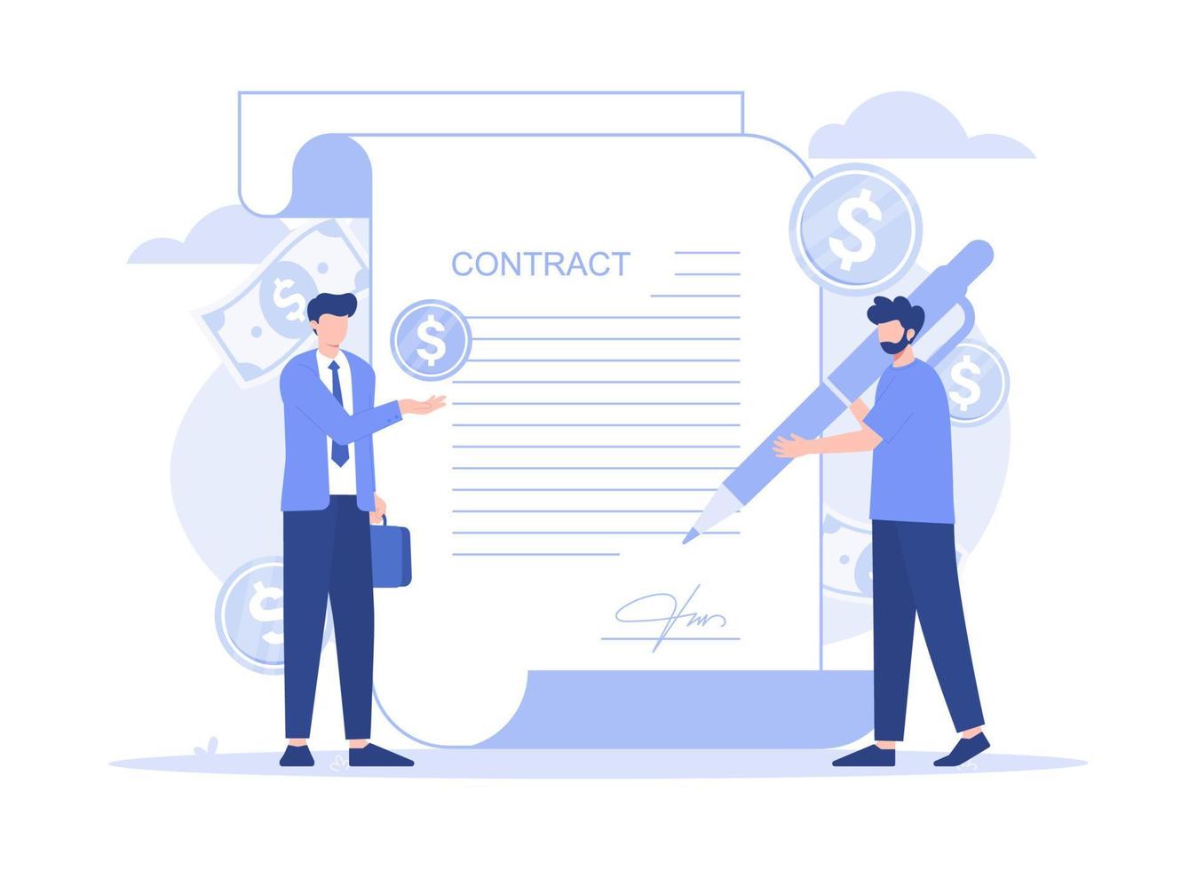 Tiny people sign a document, financial business agreement, web contract. Modern flat illustration vector