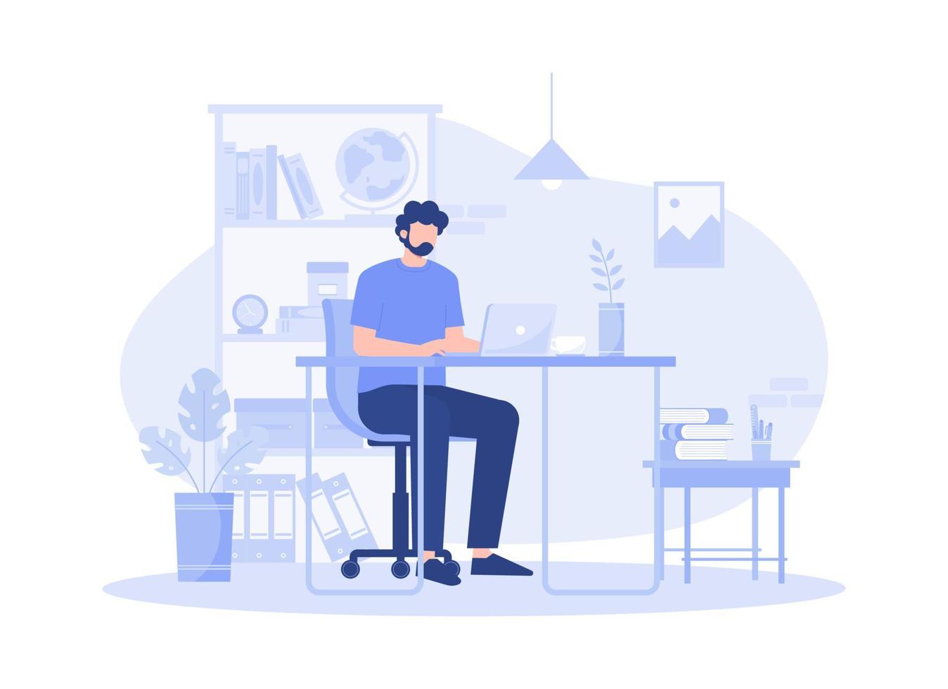 A man sitting on armchair and working from home, chatting with colleagues via laptop illustration vector