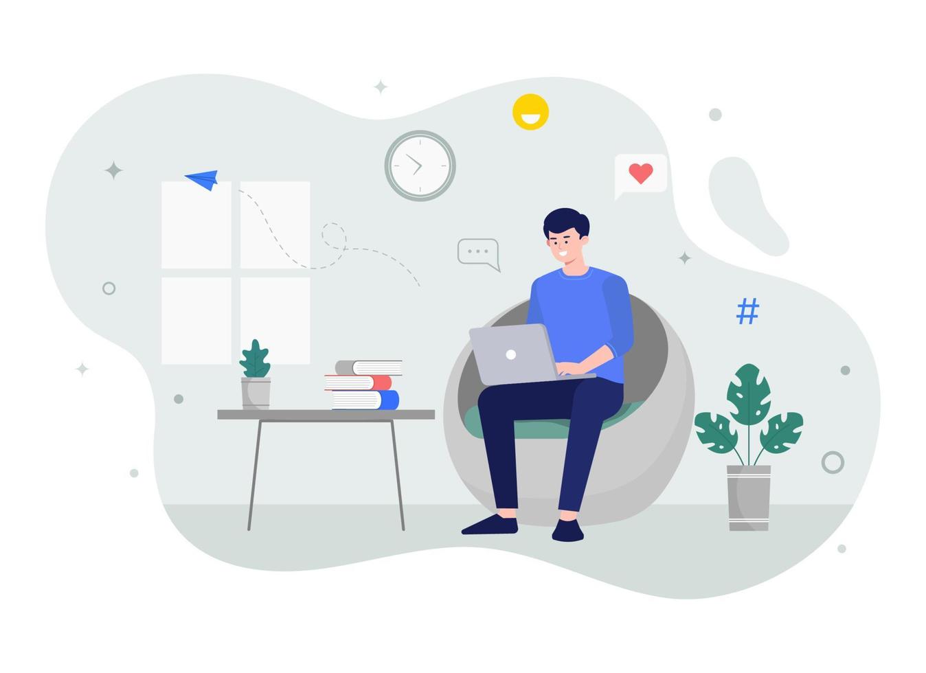 Freelancer with computer at home. young man sitting in armchair and using laptop, chatting online and smiling. vector illustration for distance work, freelance