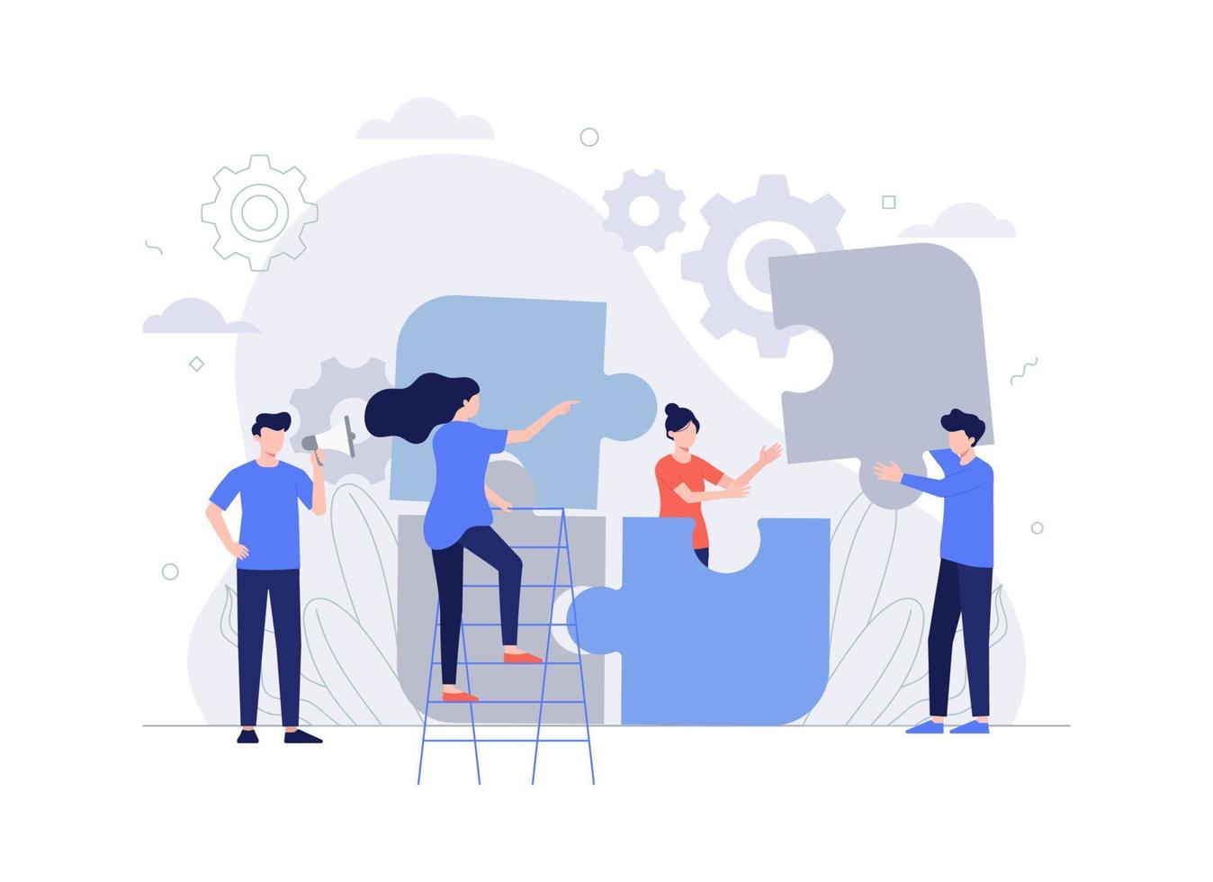 Business team putting together jigsaw puzzle isolated flat vector illustration. cartoon partners working in connection. teamwork, partnership. Modern vector flat illustration.