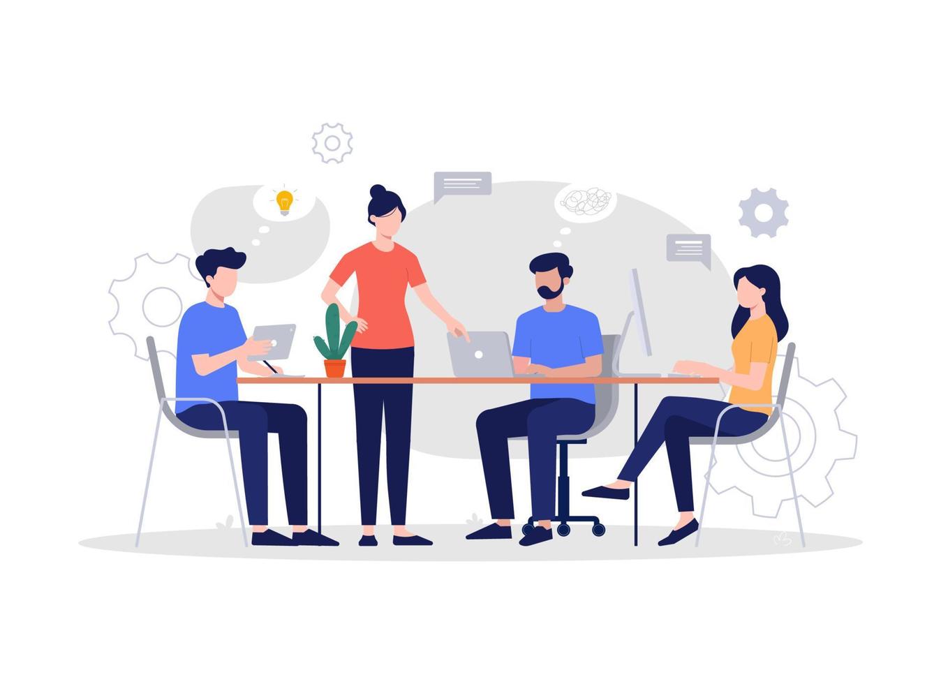 Workers are sitting at the negotiating table, collective thinking and brainstorming, company information analytics. Modern vector flat illustration.