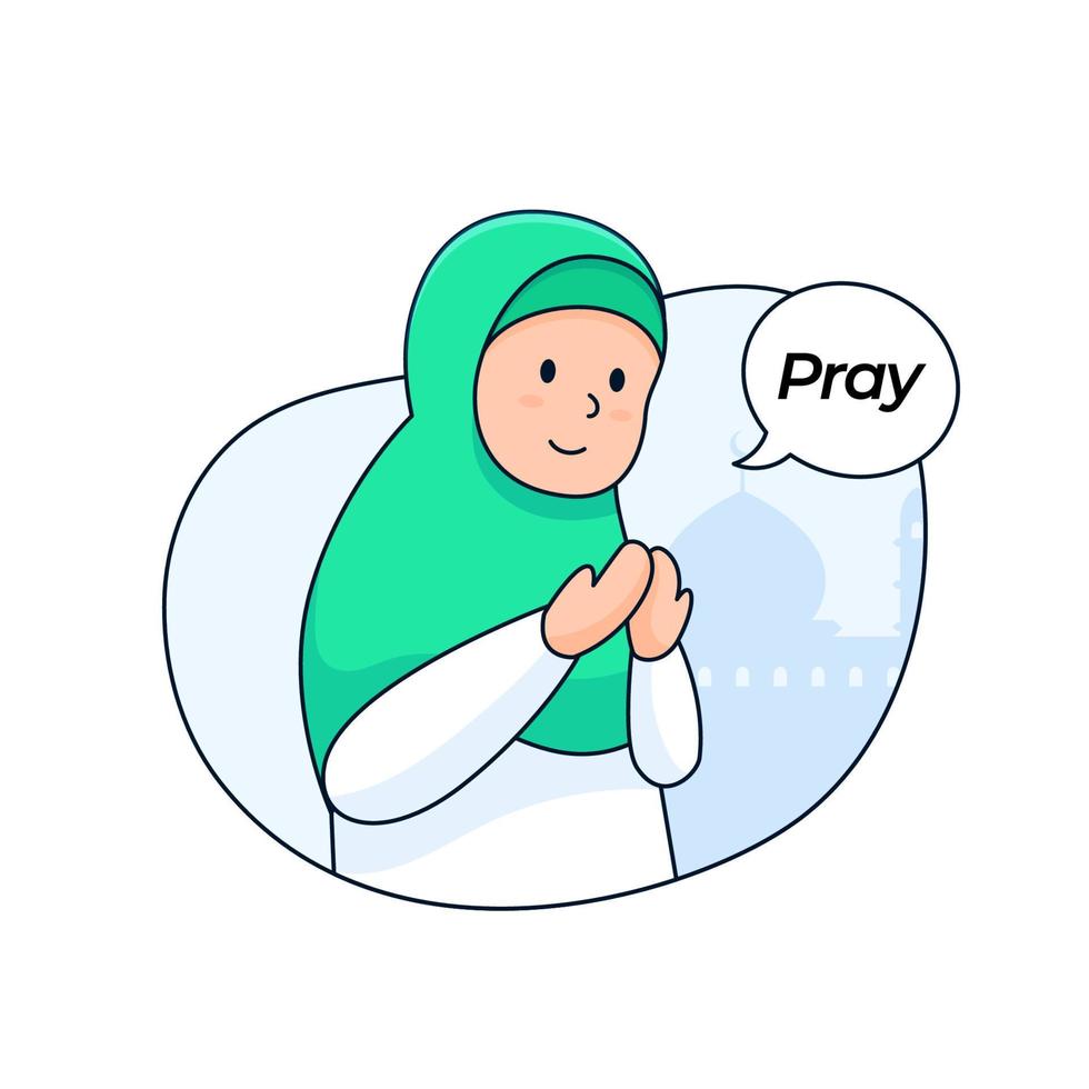 hijab girl pray pose asking forgiveness to allah before ramadan coming vector illustration cartoon outline flat design