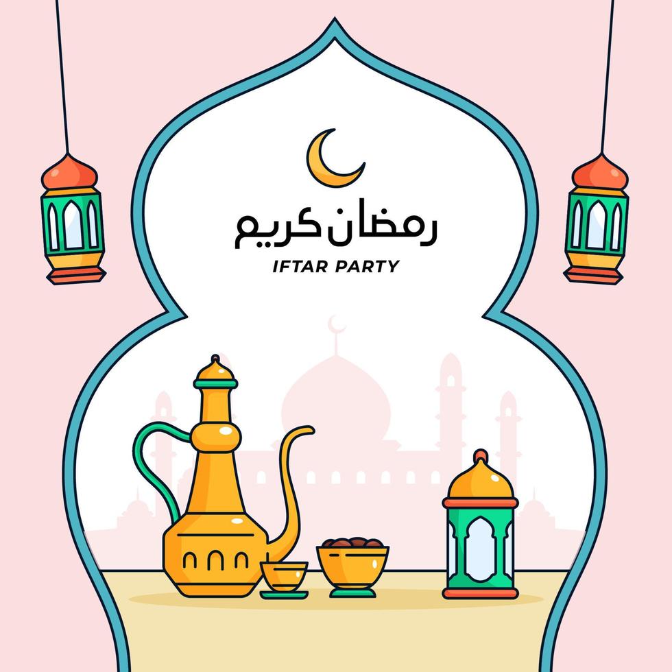 Ramadán iftar fiesta póster antecedentes con árabe oriental tradicional comida bebida vector ilustración contorno estilo dibujos animados diseño